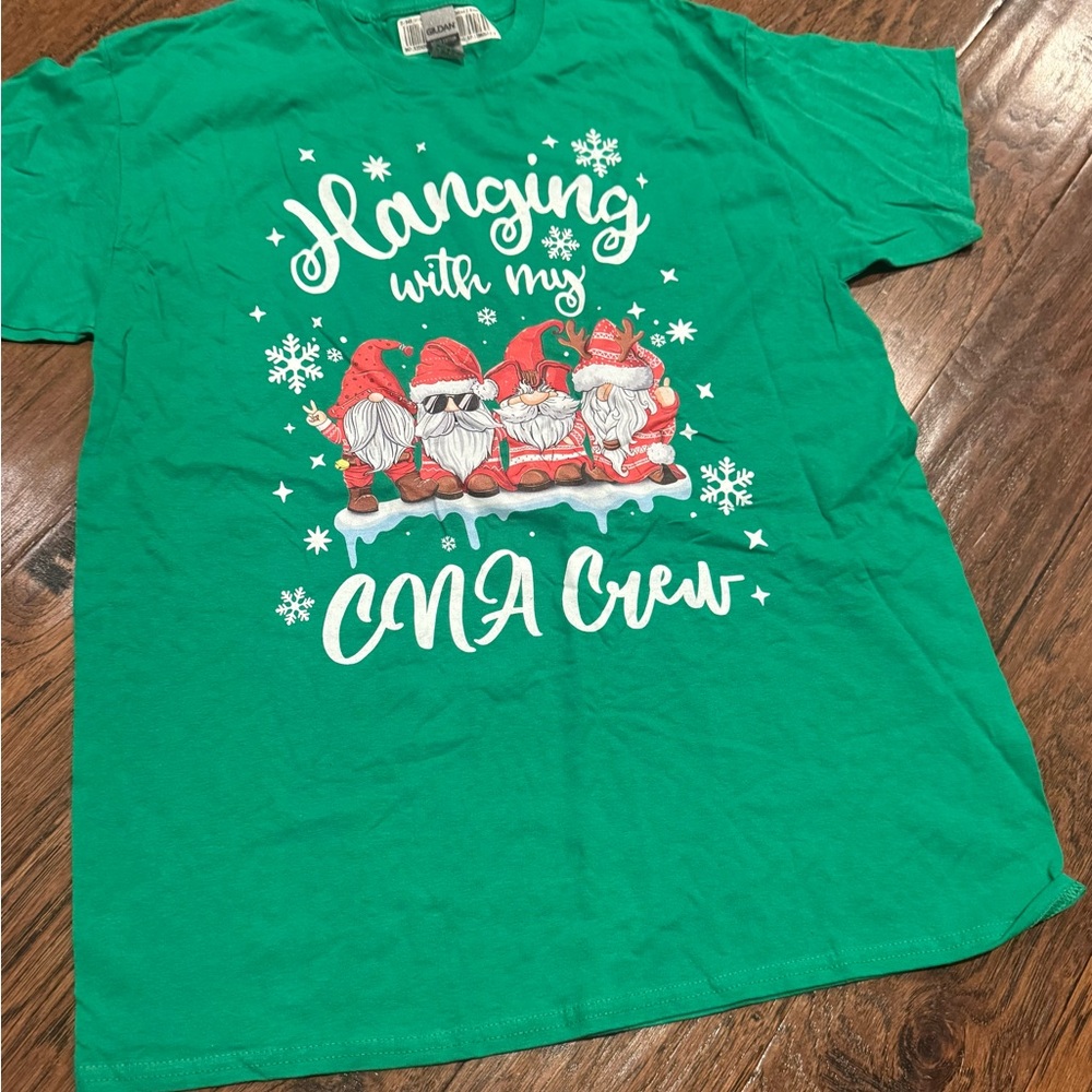 Holiday Green Shirt with Santa gnomes ‘Hanging with my CNA crew’ short sleeve te